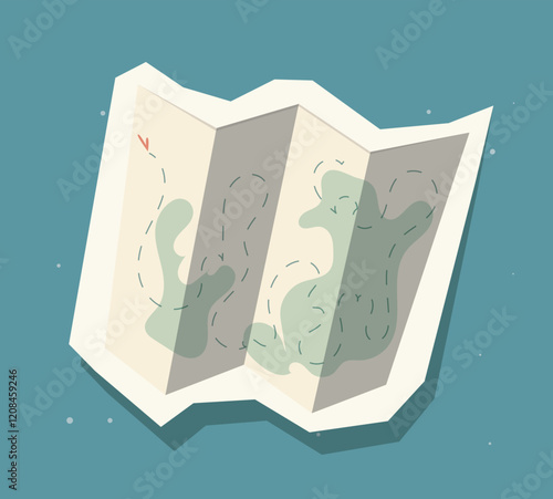 Folded map illustrated with pathways and terrain details, shown on a simple green background. Concept of navigation, exploration, and travel. Vector illustration