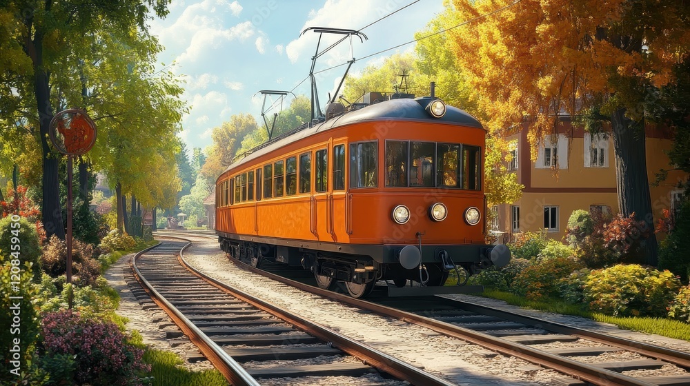 Fototapeta premium Vintage orange tram on scenic autumn route amidst verdant foliage and clear blue sky