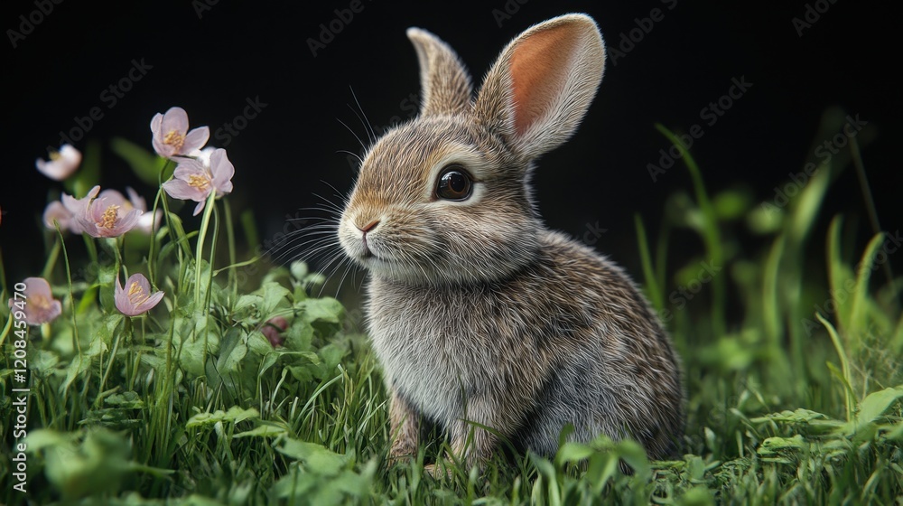 Fototapeta premium Ultra realistic easter bunny sitting on grass with flowers
