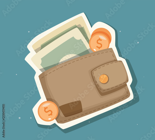 Wallet with cash and coins, brown leather design, isolated on a teal background. Represents finance, savings, and money management. Vector illustration