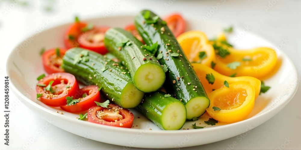 Fresh cucumbers and tomatoes on a white plate Fresh cucumbers and tomatoes on a white plate