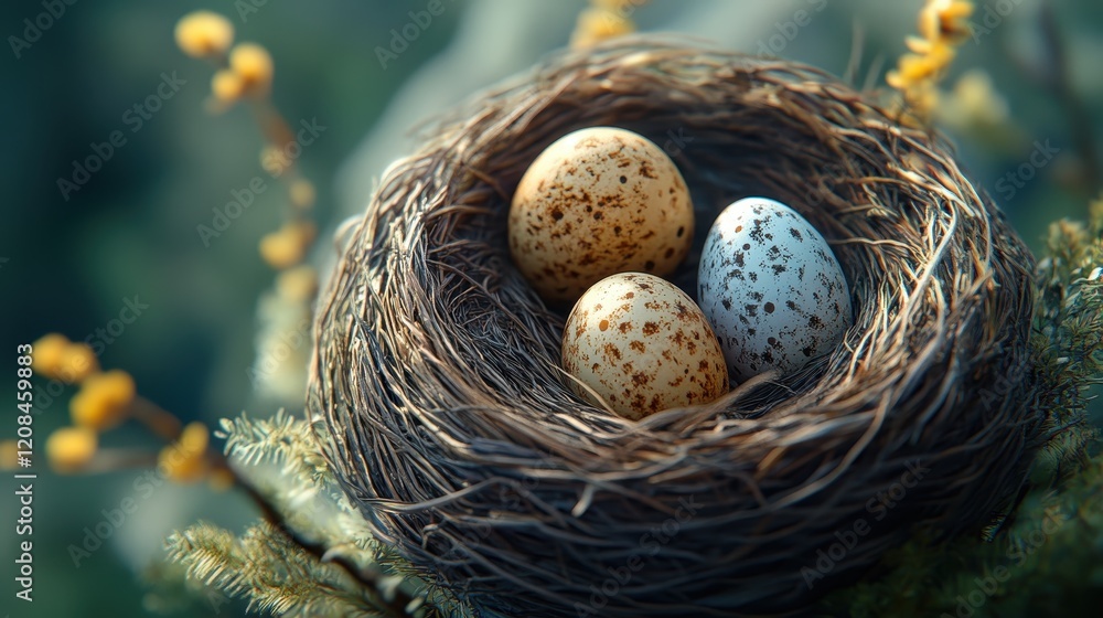 Fototapeta premium Happy easter day eggs in nest top view for spring holiday design