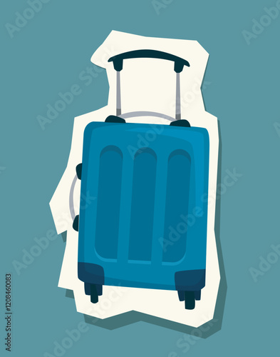 Blue suitcase with wheels and a telescopic handle depicted on a green background. Creative design showcasing travel and luggage concepts. Vector illustration