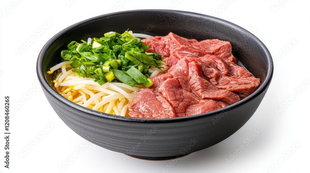 Savory Beef Noodle Soup with Fresh Herbs and Bean Sprouts in Rustic Bowl Savory Beef Noodle Soup with Fresh Herbs and Bean Sprouts in Rustic Bowl