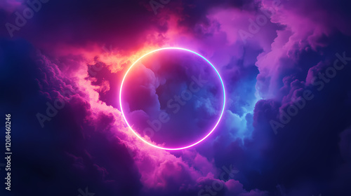 Wallpaper Mural Colorful neon ring glowing inside a stormy cloud on a dark sky background, render, abstract, vibrant, colorful, neon, ring. Electric Sky. Illustration Torontodigital.ca