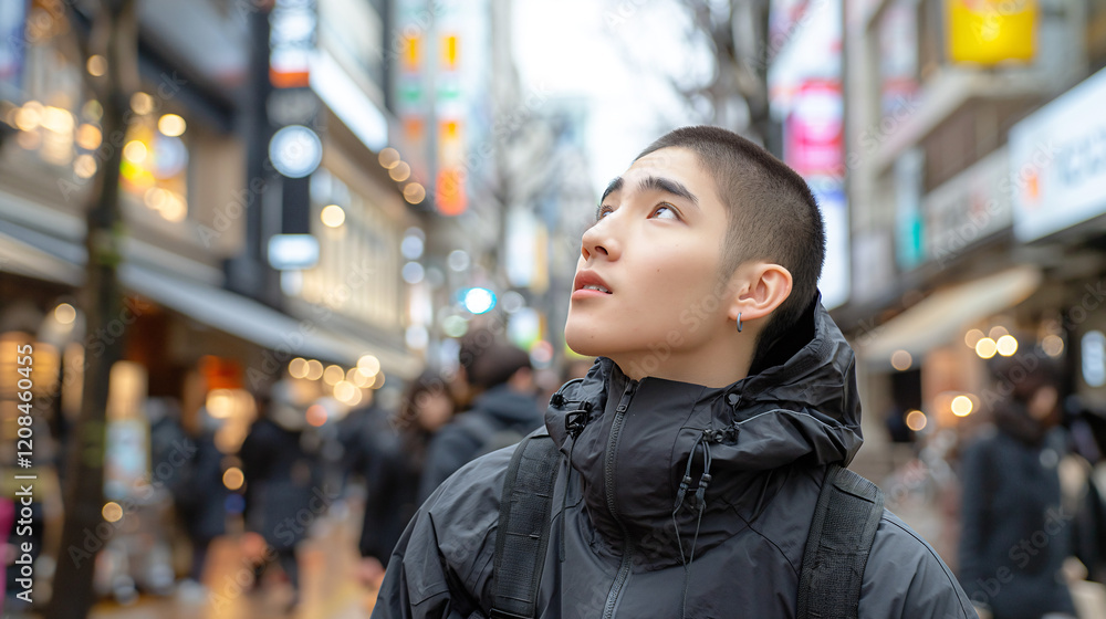 Fototapeta premium Urban Exploration: A Young Individual Gazing Upward