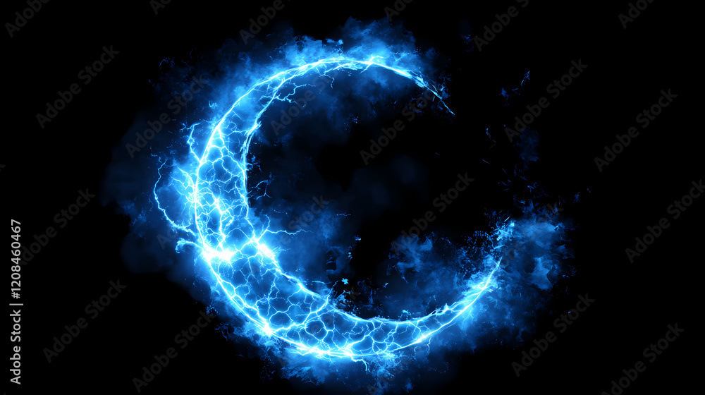 Crescent moon and electric blue lightning in night sky aerial view. Electric Sky. Illustration Crescent moon and electric blue lightning in night sky aerial view. Electric Sky. Illustration