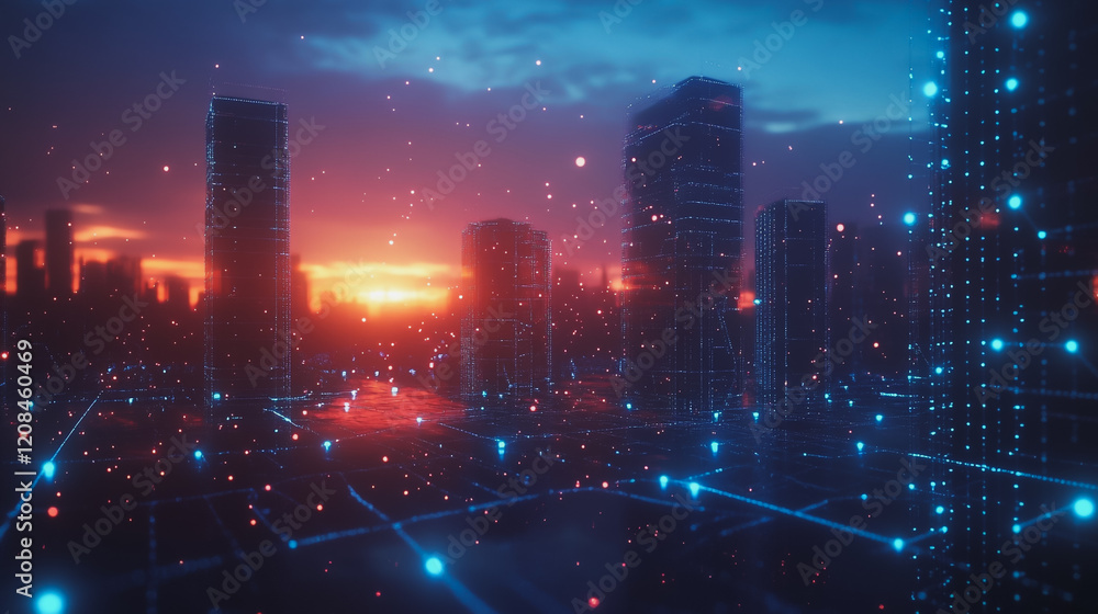 Fototapeta premium Smart digital Innovation city with connection network reciprocity over the cityscape. of future smart wireless digital city and social media networking systems that connects people with in city