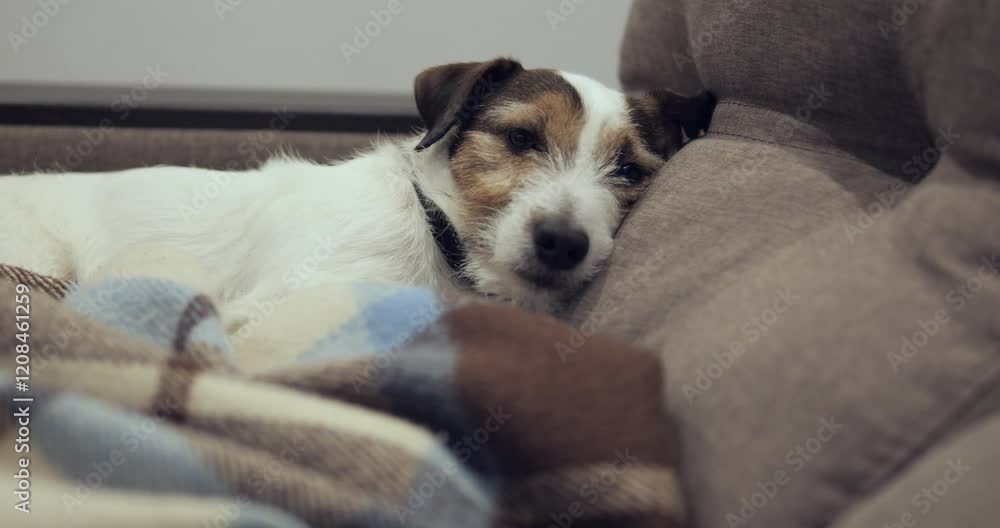The dog is resting peacefully on the sofa. The dog is resting peacefully on the sofa.