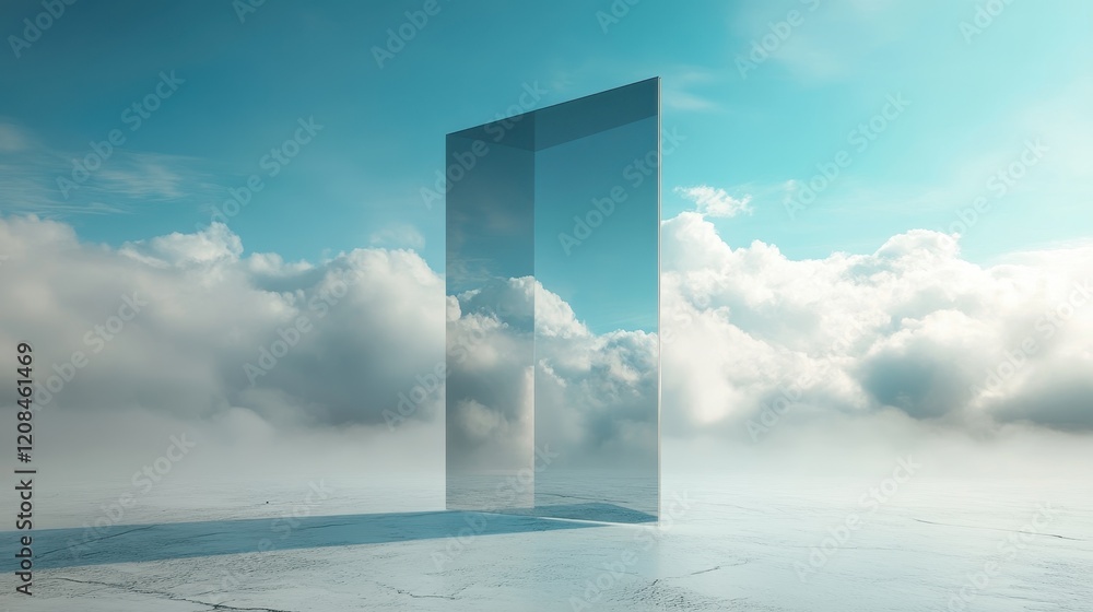 Surreal glass portal in a cloudscape with reflection under a vibrant blue sky Surreal glass portal in a cloudscape with reflection under a vibrant blue sky