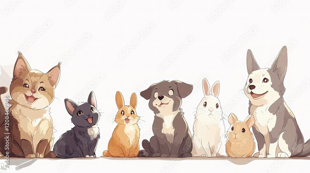 Adorable Cats, Dogs, Bunnies, and Guinea Pigs in Cute Row Adorable Cats, Dogs, Bunnies, and Guinea Pigs in Cute Row