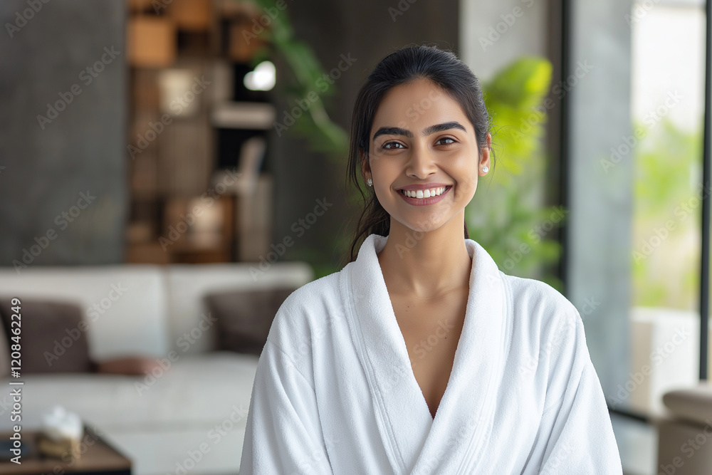 A woman is smiling and wearing a white robe A woman is smiling and wearing a white robe