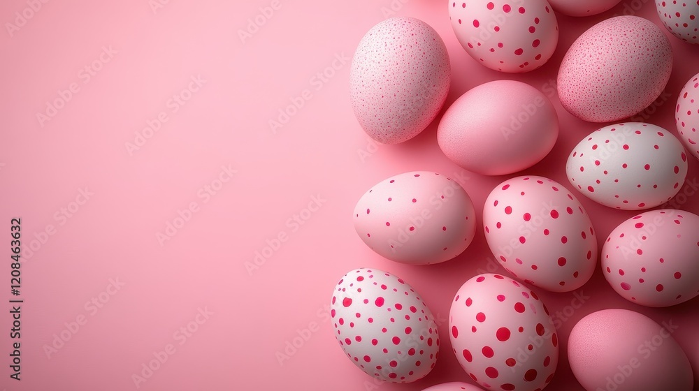 Fototapeta premium Pink easter background with polka dot eggs for festive decoration and design