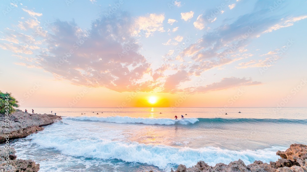 Obraz premium Sunset surfers ride waves on tropical beach