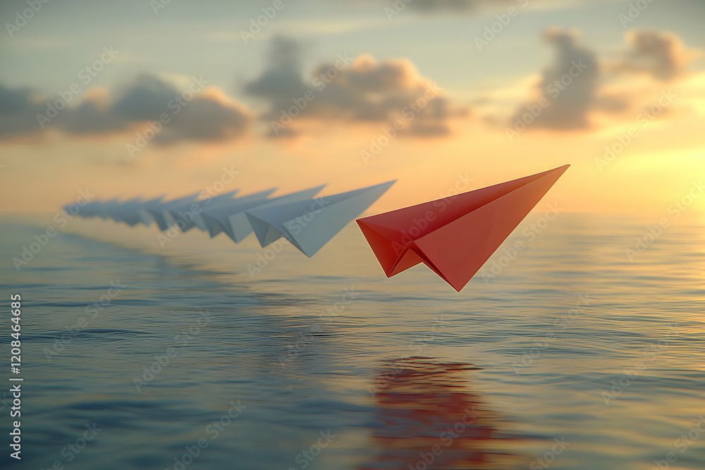Red paper airplane leading a formation of white airplanes over a calm ocean at sunset Red paper airplane leading a formation of white airplanes over a calm ocean at sunset