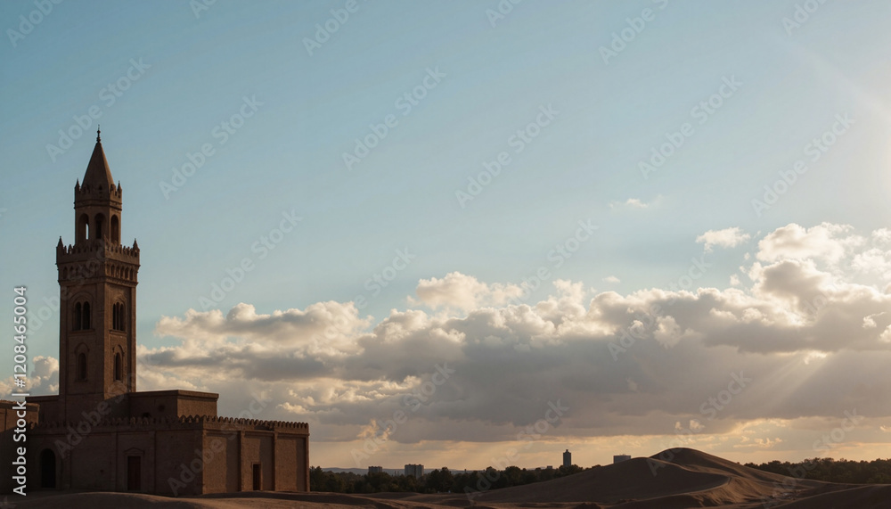 Fototapeta premium Desert landscape with tower against cloudy sky