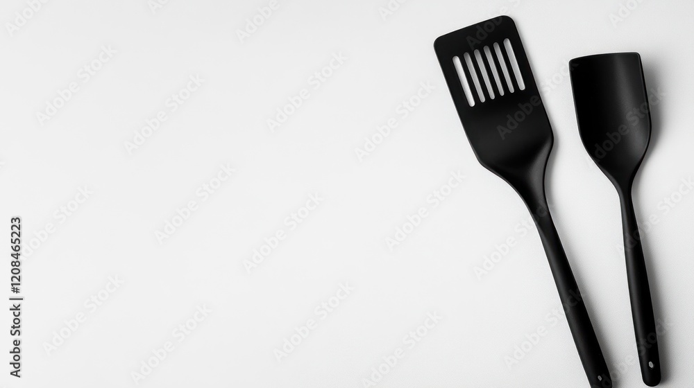 Black kitchen spatulas on white background, cooking tools Black kitchen spatulas on white background, cooking tools