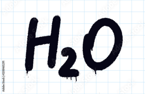 Graffiti H2O lettering. Bold black spray paint strokes on a grid paper background. Trendy Y2K urban street style. Grunge educational symbols.