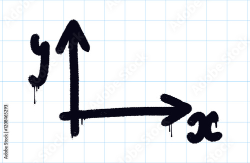 Graffiti coordinate plane illustration. Bold black spray paint arrows X and Y axes on a grid paper background. Trendy Y2K urban street style. Grunge educational symbols.