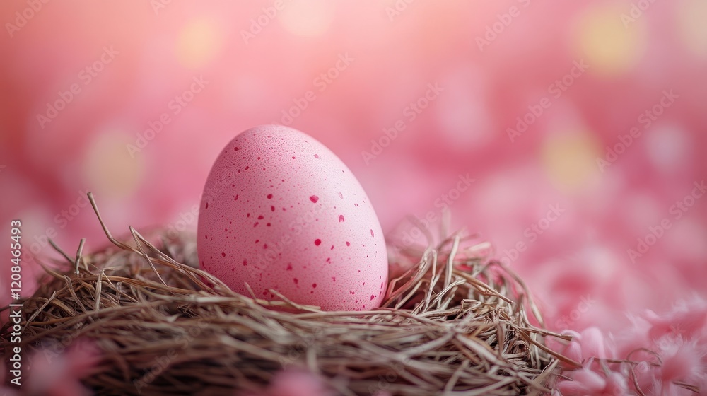 Ultra-realistic pink easter egg in nest with soft focus background Ultra-realistic pink easter egg in nest with soft focus background