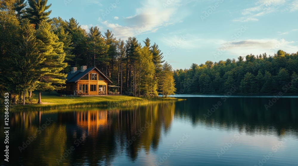 Serene lakeside cabin in a pine forest at sunset Serene lakeside cabin in a pine forest at sunset