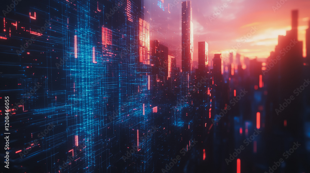 Obraz premium Smart digital Innovation city with connection network reciprocity over the cityscape. of future smart wireless digital city and social media networking systems that connects people with in city