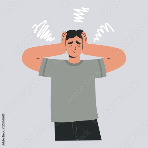 Intrusive thoughts concept, anxious man suffering from obsessive ideas. Stressed person, with mental disorder, overthinking problems and holding his head with hands. Flat vector isolated illustration