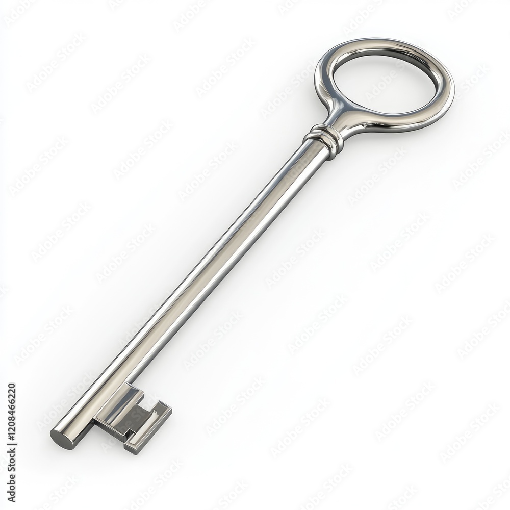 Detailed 3D rendering of a metallic silver house key with smooth edges on a white background Detailed 3D rendering of a metallic silver house key with smooth edges on a white background