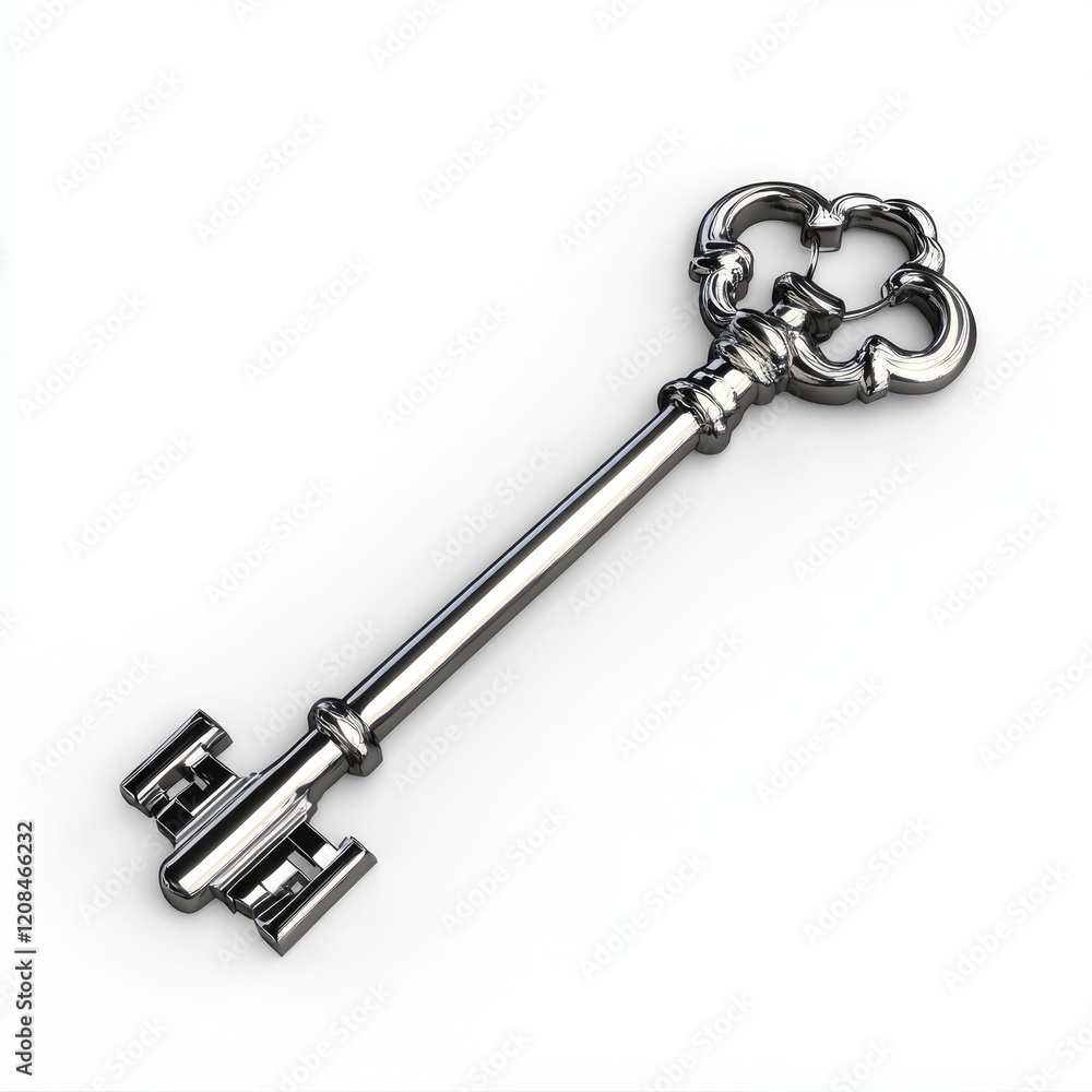 3D rendering of a metallic silver house key with smooth rounded edges and polished finish on a clean white background 3D rendering of a metallic silver house key with smooth rounded edges and polished finish on a clean white background