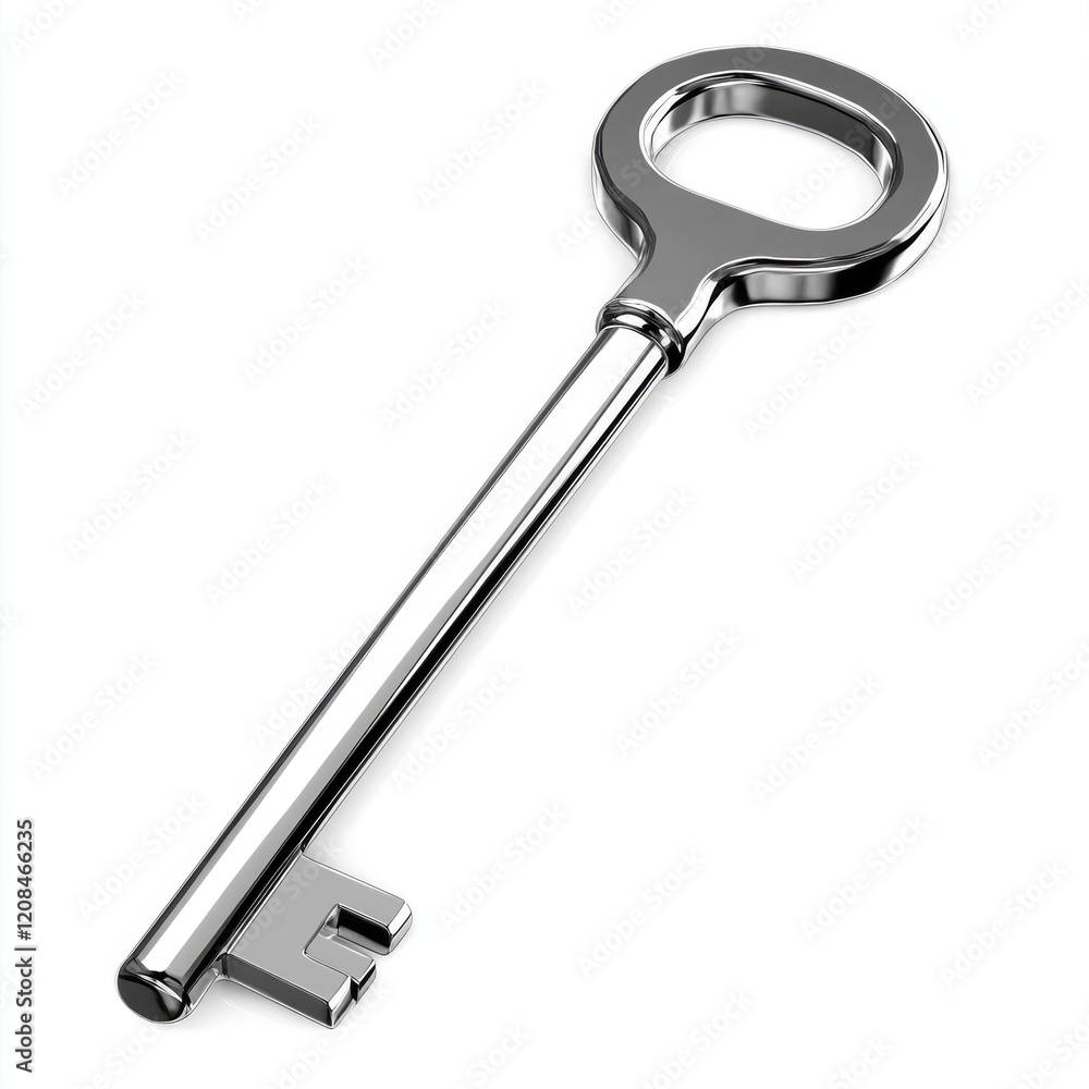Metallic silver house key with smooth rounded edges illuminated on a white background Metallic silver house key with smooth rounded edges illuminated on a white background