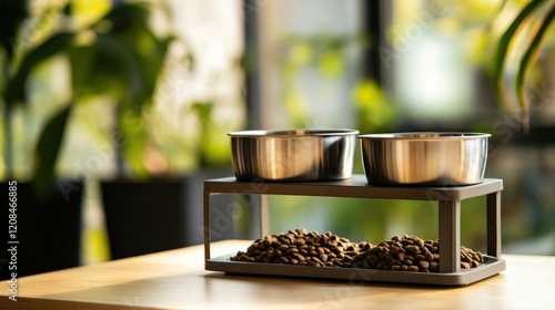 Elevated pet bowls, food, indoor, plants, table photo