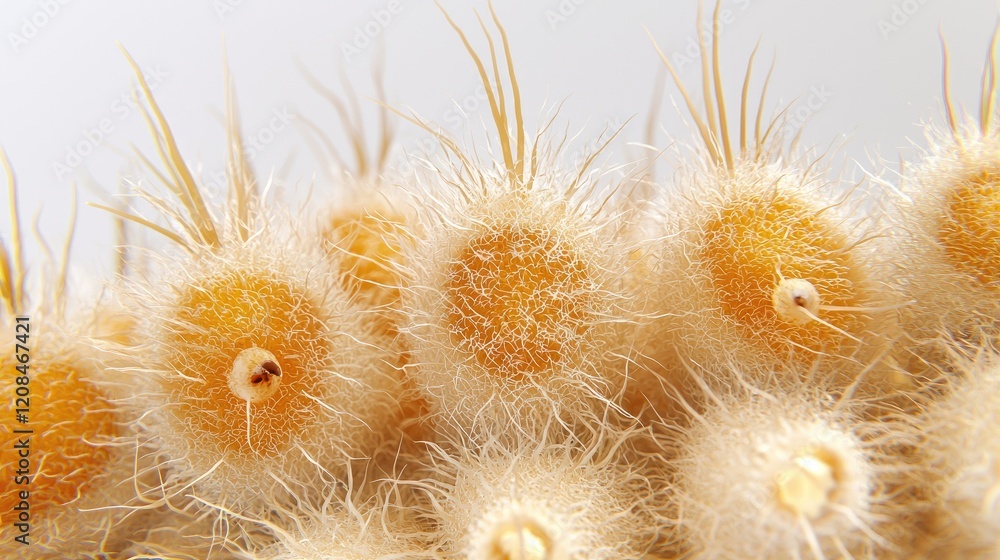 Close-up of fluffy cactus buds, studio shot, light background, botanical detail Close-up of fluffy cactus buds, studio shot, light background, botanical detail