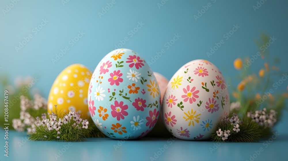 Fototapeta premium Colorful easter eggs with floral patterns displayed on blue background