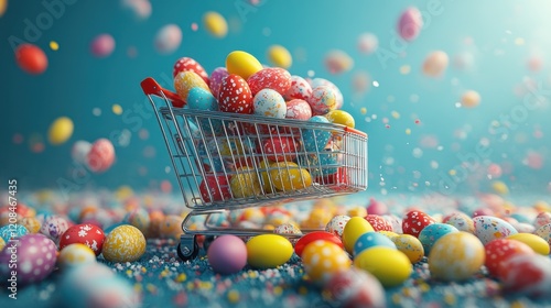 Festive easter eggs overflowing from shopping cart on vibrant background