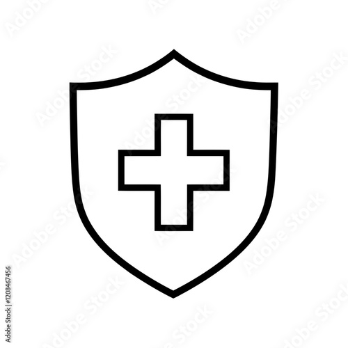 Antivirus icon. Simple Line Art Shield with Plus Sign Icon in Black for Medical and Security Applications
