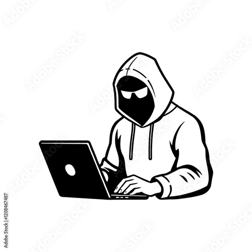 Hacker icon. Vintage-Style Hooded Hacker with Sunglasses and Laptop in Retro Graphic Design
