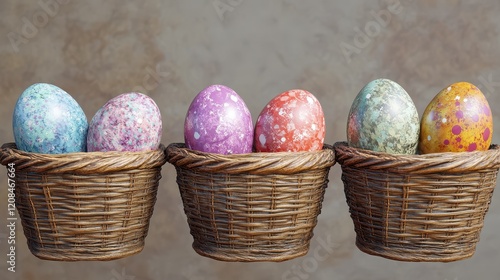 Vibrant easter eggs in wicker baskets for festive spring decoration