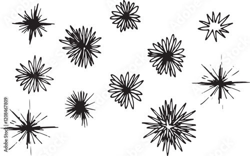 Halloween Clipart doodle shine star ink minimalism Set simple hand drawing object design element cartoon comic explosion symbol. Abstract icon for decoration New Year flash bang bengal fire brush