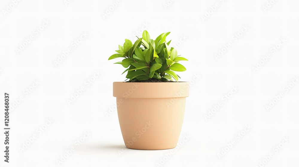 Small Green Plant in Simple Flowerpot on White Background Small Green Plant in Simple Flowerpot on White Background