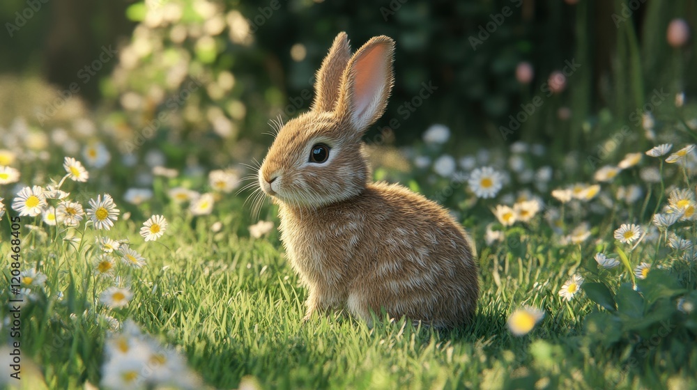 Fototapeta premium Realistic easter bunny in meadow surrounded by flowers