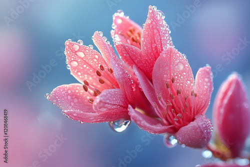 Delicate pink flowers adorned with dewdrops glistening in soft light against a dreamy background