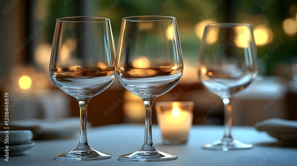 Elegant Wine Glasses on a Table with Candlelight in a Restaurant Elegant Wine Glasses on a Table with Candlelight in a Restaurant