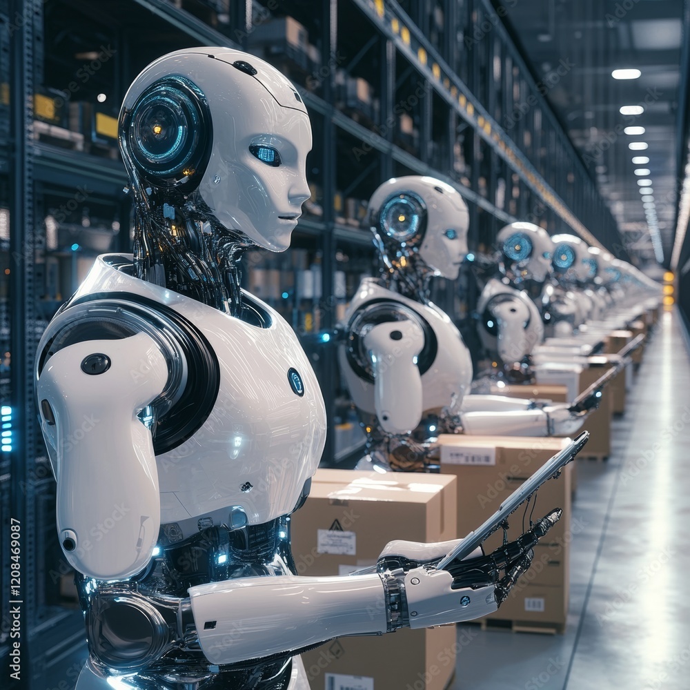 Fototapeta premium Create an image showing a futuristic warehouse with robots and AI systems working in harmony, handling orders, scanning packages, and optimizing shipping processes in real time