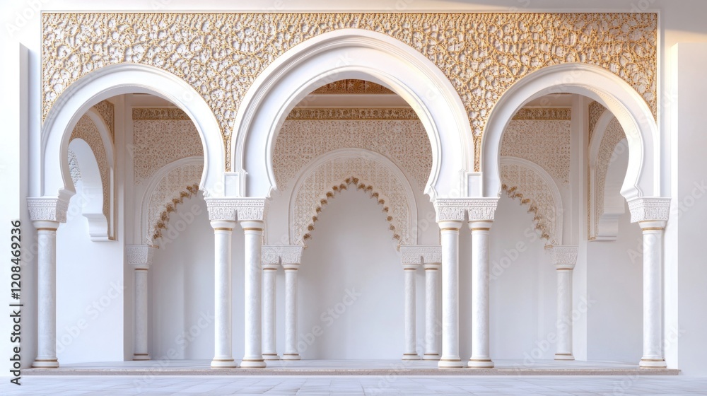 Obraz premium Moorish arches, palace courtyard, sunrise, 3D render, design