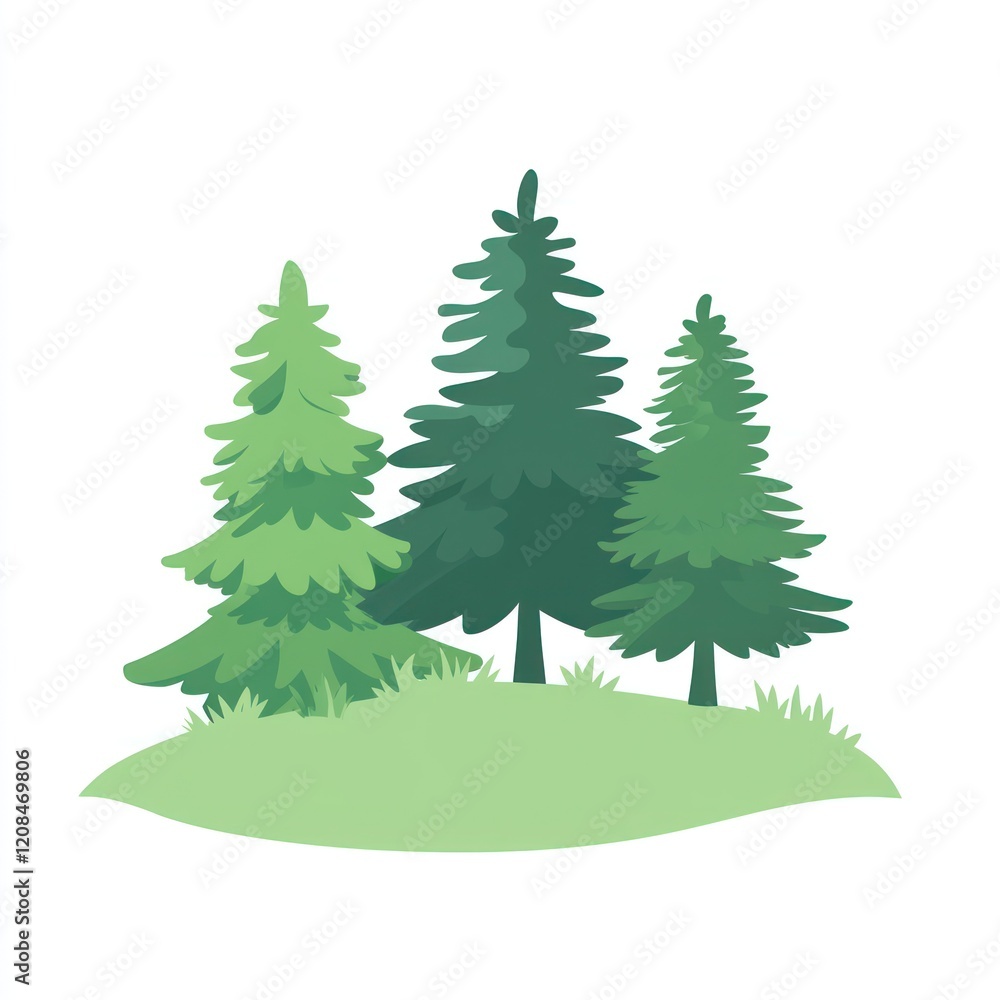 Fototapeta premium Three Green Pine Trees on a Grassy Hill