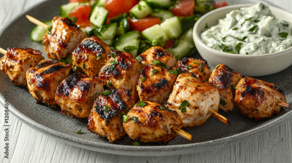 Grilled chicken skewers with salad and tzatziki sauce. Grilled chicken skewers with salad and tzatziki sauce.