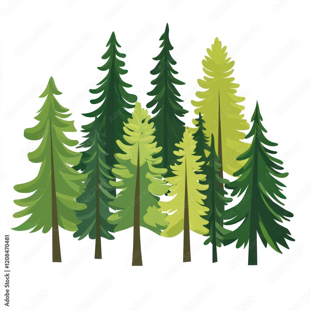 Obraz premium A cluster of stylized evergreen trees in a forest scene