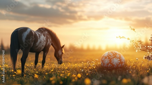 Serene easter morning with painted egg and grazing horse in spring meadow photo