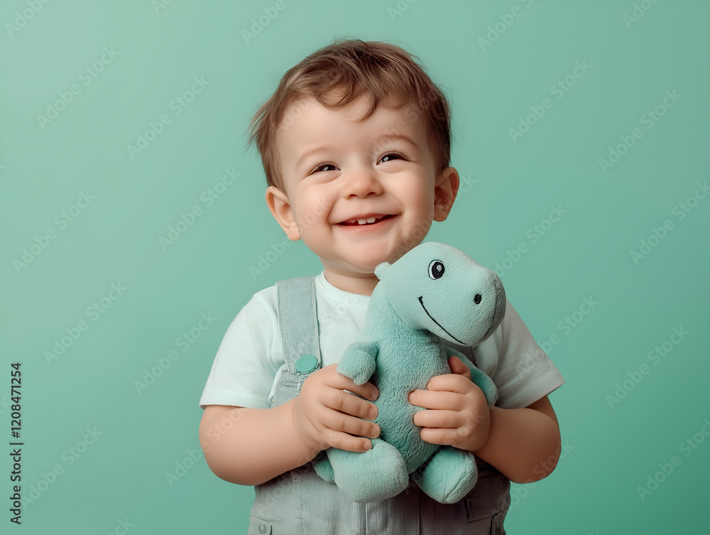 Happy toddler holding a plush dinosaur toy, wearing a white t-shirt and overalls, standing against a mint green background, adorable and cheerful childhood moment captured Happy toddler holding a plush dinosaur toy, wearing a white t-shirt and overalls, standing against a mint green background, adorable and cheerful childhood moment captured