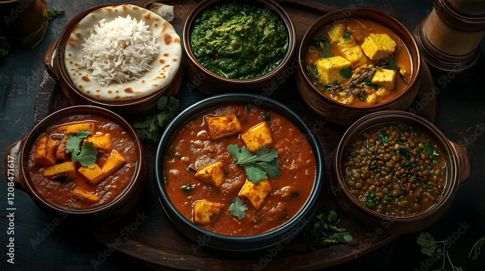 Assorted various Indian food on a dark rustic background. Traditional Indian dishes Chicken tikka masala, palak paneer, saffron rice, lentil soup, pita bread and spices. Square photo.Top view Assorted various Indian food on a dark rustic background. Traditional Indian dishes Chicken tikka masala, palak paneer, saffron rice, lentil soup, pita bread and spices. Square photo.Top view